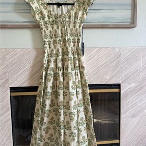 NWT block print Floral Smocked Maxi Dress in Cream and Green